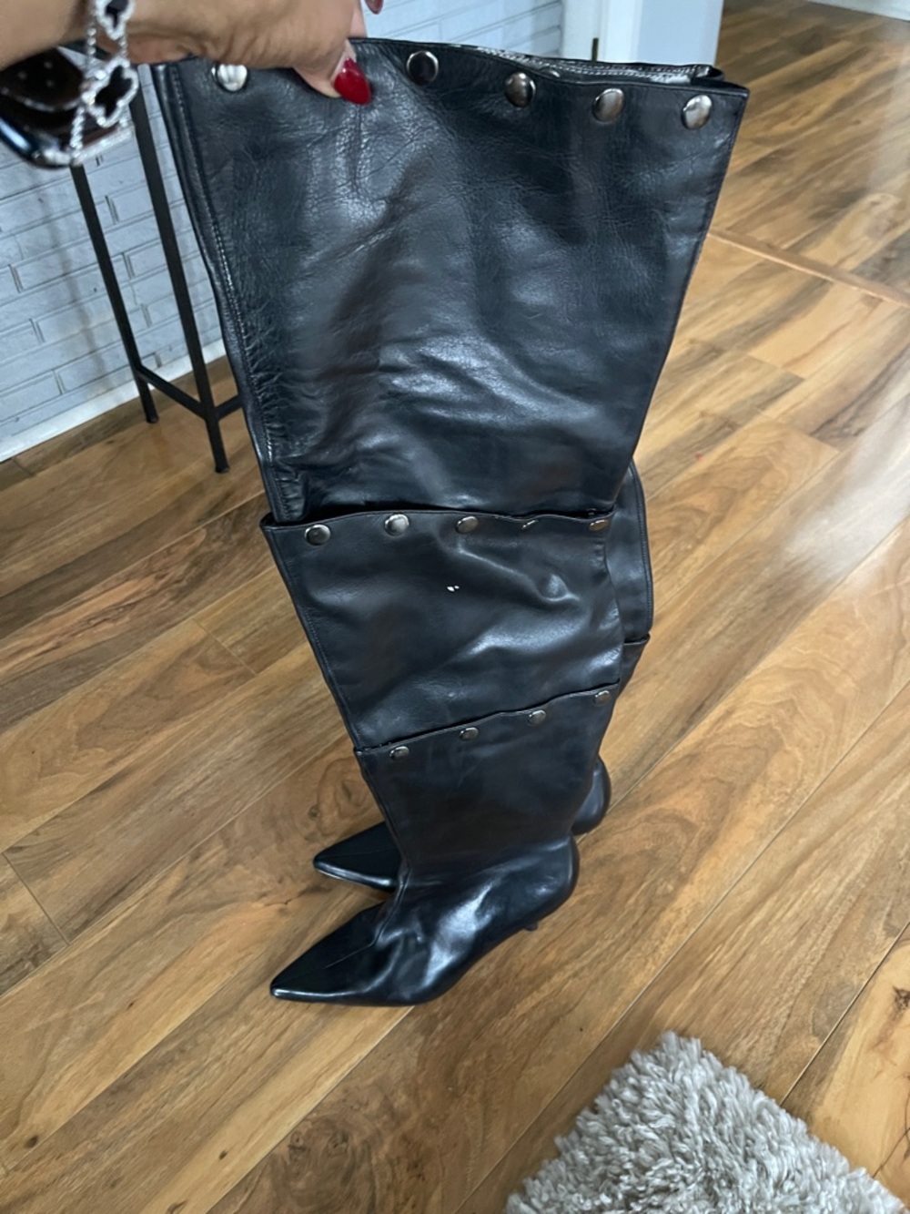 Black Over-the-Knee Pointed Toe Boots with Stud Detail Detachable lengths.